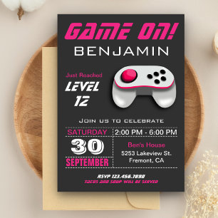Invitation Fête d'anniversaire rose pour enfants de jeu vidéo