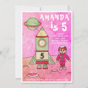 Invitation Fête d'anniversaire rose pour fille avec fusée spa