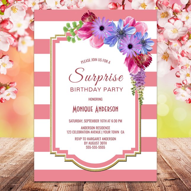 Invitation Fête d'anniversaire rose rayé Floral Surprise (Créateur téléchargé)
