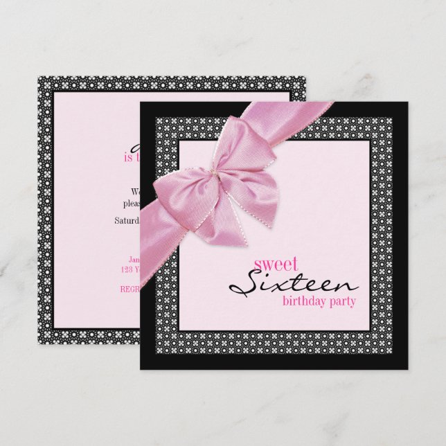 Invitation Fête d'anniversaire rose sweet sixteen (Devant / Derrière)