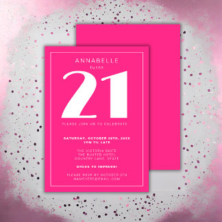 Invitation Fête d'anniversaire rose vif moderne 21 vingt et u