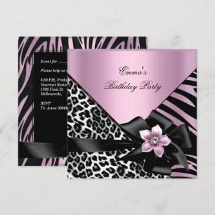 Invitation Fête d'anniversaire rose Zebra Leopard Élégant