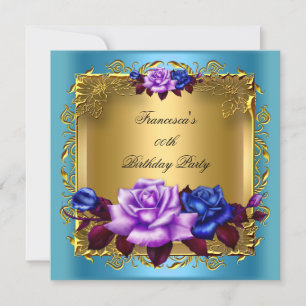 Invitation Fête d'anniversaire Roses Bleu Violet Or Turquoise