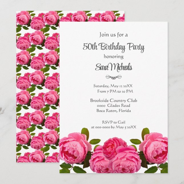 Invitation Fête d'anniversaire Roses roses Fête  (Devant / Derrière)