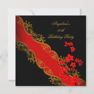 Invitation Fête d'Anniversaire Rouge Asiatique Noir Floral Or