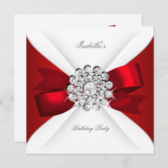 Invitation Fête d'anniversaire Rouge Blanc Diamant Rouge Bow (Devant / Derrière)