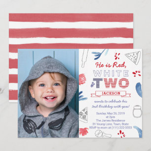 Invitation Fête d'anniversaire Rouge Blanc TWO 2 ans avec piz