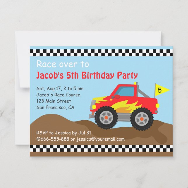 Invitation Fête d'anniversaire rouge de camion de monstre, (Devant)
