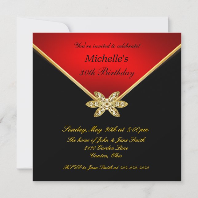 Invitation Fête d'anniversaire rouge de dames de noir élégant (Devant)