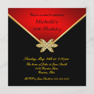 Invitation Fête d'anniversaire rouge de dames de noir élégant