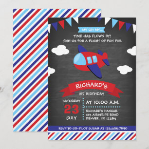 Invitation Fête d'anniversaire rouge et bleue d'avion de