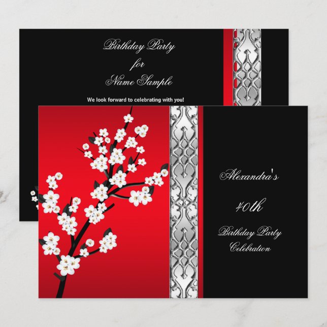 Invitation Fête d'Anniversaire Rouge Noir asiatique (Devant / Derrière)