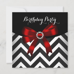 Invitation Fête d'anniversaire rouge noir blanc Chevron blanc