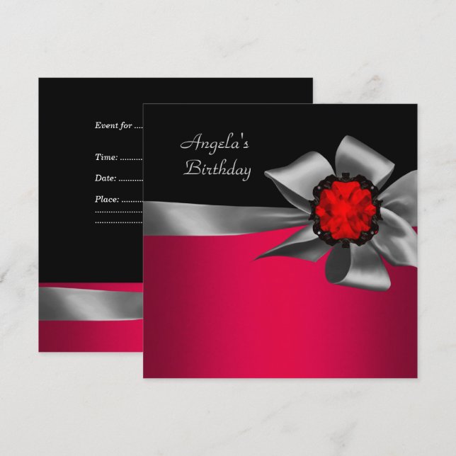 Invitation Fête d'anniversaire Rouge Noir Joyau Rouge Gris Bo (Devant / Derrière)