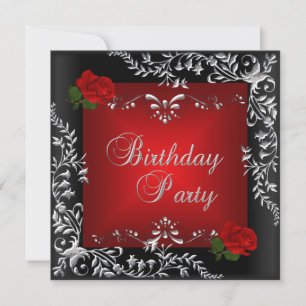 Invitation Fête d'anniversaire Rouge Rose Argent Floral Noir