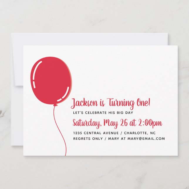 Invitation Fête d'anniversaire rouge simple moderne de ballon (Devant)