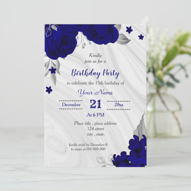 Invitation fête d'anniversaire royal bleu gris argent (Debout devant)