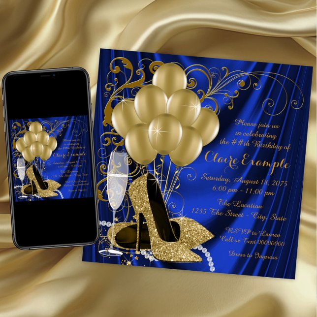 Invitation Fête d'anniversaire Royal Blue et Gold Luxe (Womans royal blue gold high heel shoe any number birthday invitation. Download and print available.)