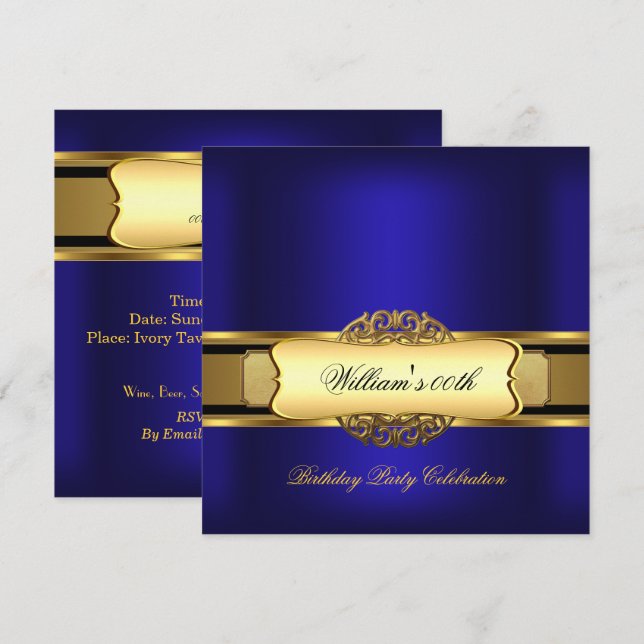 Invitation Fête d'anniversaire Royal Blue Gold Hommes (Devant / Derrière)