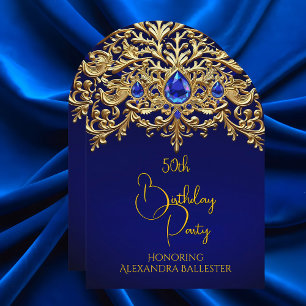 Invitation Fête d'anniversaire Royal Blue Or Lace Diamants Pi