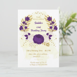 Invitation fête d'anniversaire royal violet blanc fleurs or