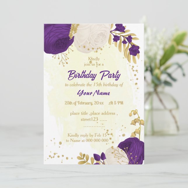Invitation fête d'anniversaire royal violet blanc fleurs or (Debout devant)