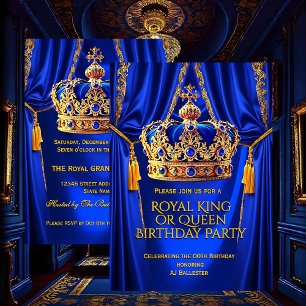 Invitation Fête d'anniversaire royale bleu or roi reine couro