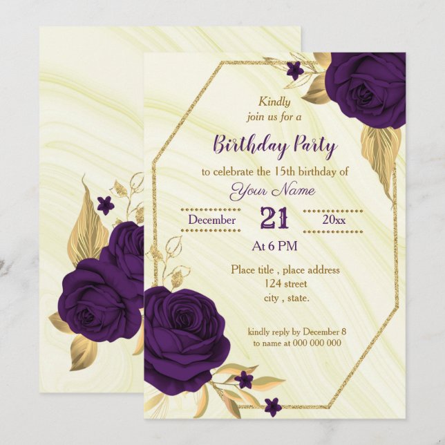 Invitation fête d'anniversaire royale violette or floral géom (Devant / Derrière)