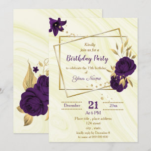 Invitation fête d'anniversaire royale violette or floral géom