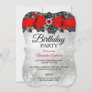 Invitation Fête d'anniversaire Ruban en dentelle Argent Rouge