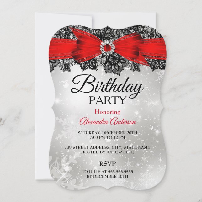 Invitation Fête d'anniversaire Ruban en dentelle Argent Rouge (Devant)
