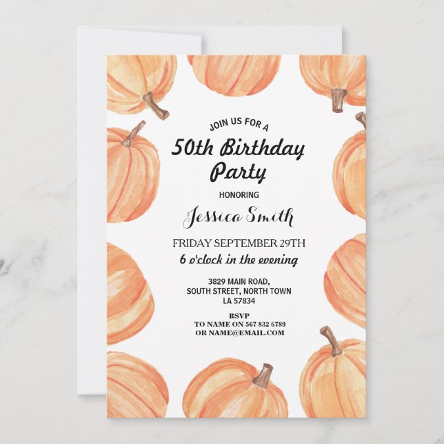 Invitation Fête d'anniversaire Rustic Watercolor Citrouille A (Devant)