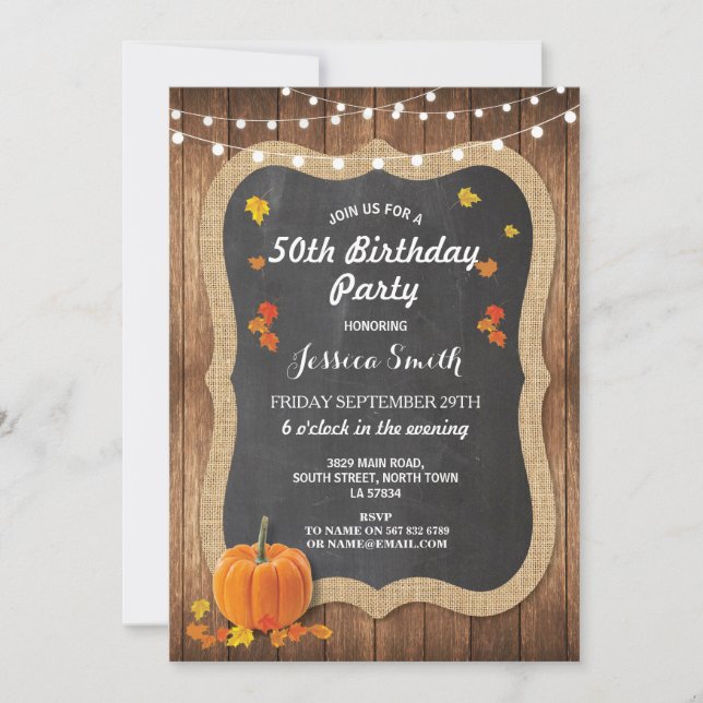 Invitation Fête d'anniversaire Rustic Wood Citrouille Chalk I (Devant)
