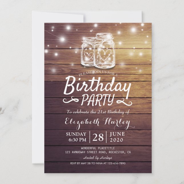 Invitation Fête d'anniversaire Rustic Wood Mason Jar String l (Devant)