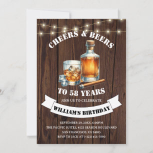 Invitation Fête d'anniversaire rustique 58 ans Cheers & Beers