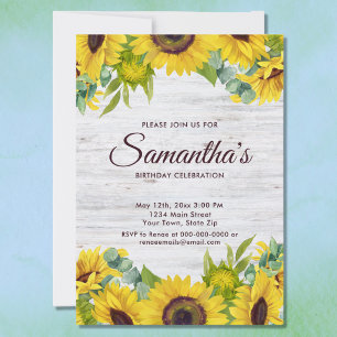 Invitation Fête d'anniversaire rustique aquarelle Tournesol 