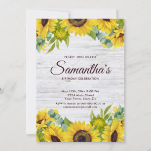 Invitation Fête d'anniversaire rustique aquarelle Tournesol 