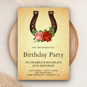 Invitation Fête d'anniversaire rustique avec fleurs et fer à