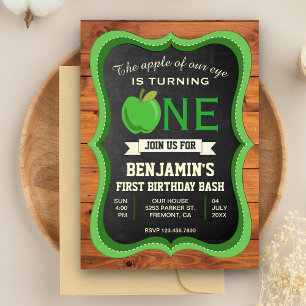 Invitation Fête d'anniversaire Rustique Bois Pomme Verte 1ère