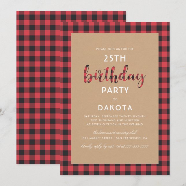 Invitation Fête d'anniversaire rustique de manuscrit de plaid (Devant / Derrière)