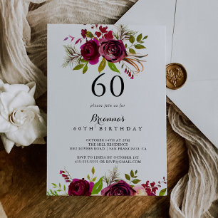 Invitation Fête d'anniversaire rustique rouge floral pour 60 