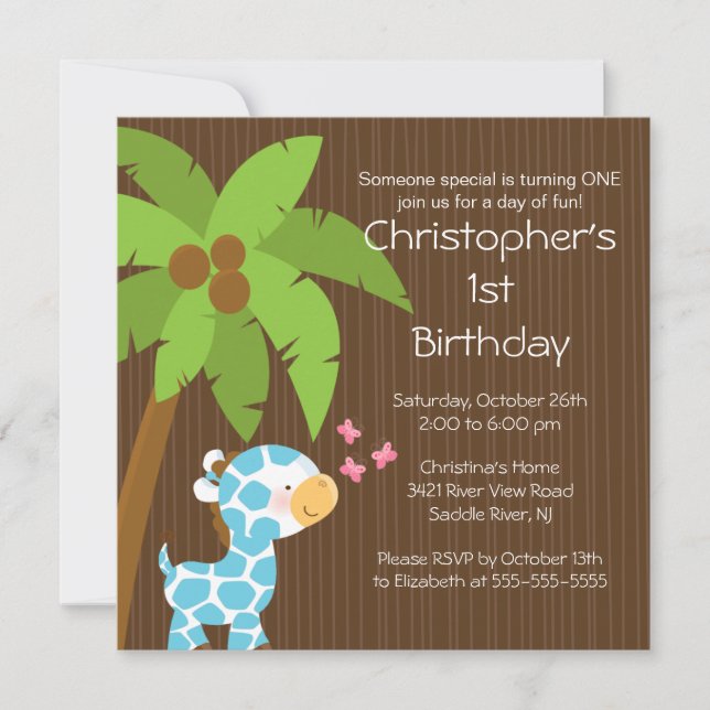 Invitation Fête d'anniversaire Safari Jungle Blue Giraffe Kid (Devant)