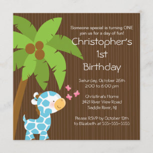Invitation Fête d'anniversaire Safari Jungle Blue Giraffe Kid