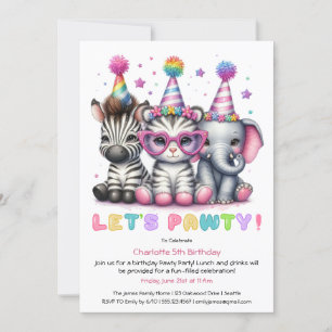 Invitation Fête d'anniversaire Safari Pailleté Éléphant, zèbr