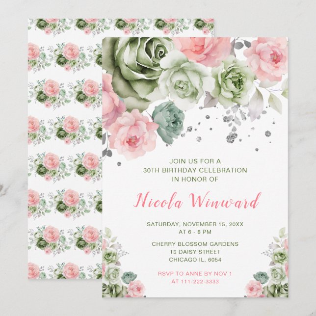 Invitation Fête d'anniversaire Sage Green et Rose Floral (Devant / Derrière)