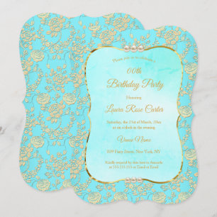 Invitation Fête d'anniversaire sarcelle florale damassée rose