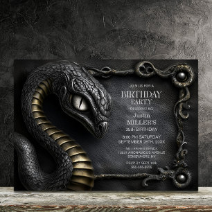 Invitation Fête d'anniversaire serpent mythique argent or