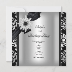 Invitation Fête d'anniversaire Silver Grey Black Damask Flowe