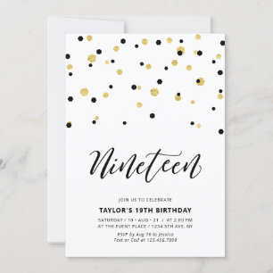 Invitation Fête d'anniversaire simple Black & Gold 19 ans