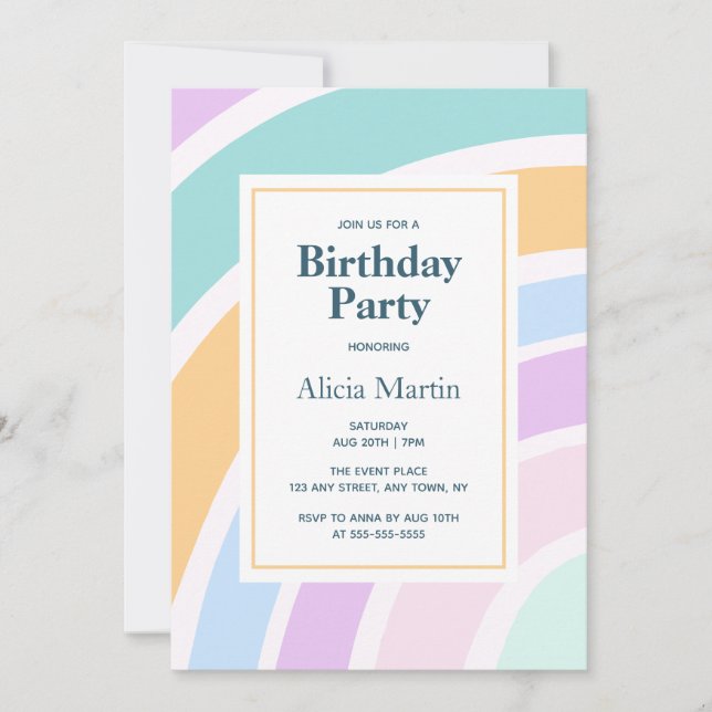 Invitation Fête d'anniversaire simple et moderne Pastel Rainb (Devant)
